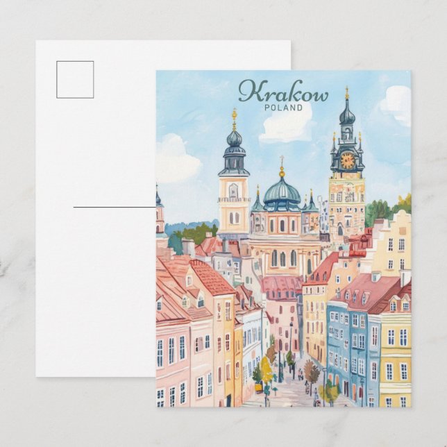 Krakow Poland Gouache Paint Illustration Travel Postcard (Front/Back)