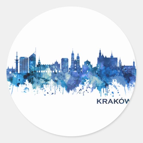 Krakow Poland Skyline Blue Classic Round Sticker