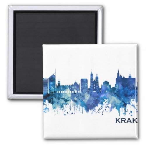 Krakow Poland Skyline Blue Magnet