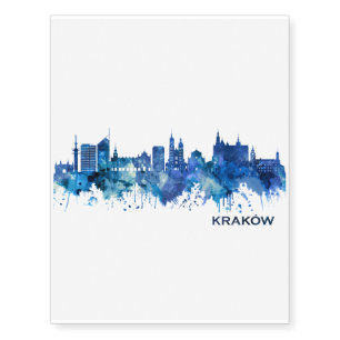 Krakow Poland Skyline Blue Temporary Tattoos