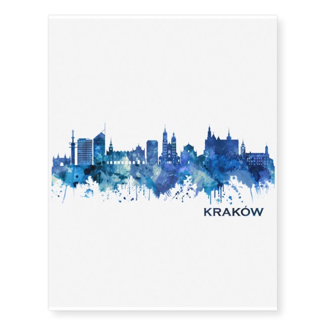 Krakow Poland Skyline Blue Temporary Tattoos (Front)