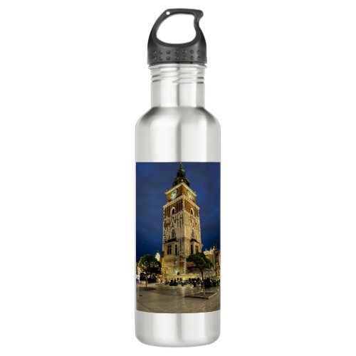 Krakow Poland Town Hall Tower Night Stainless Steel Water Bottle
