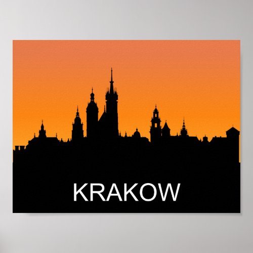 Krakow silhouette summer sunset illustration poster