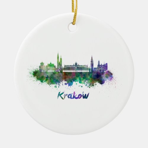 Krakow skyline in watercolor ceramic ornament