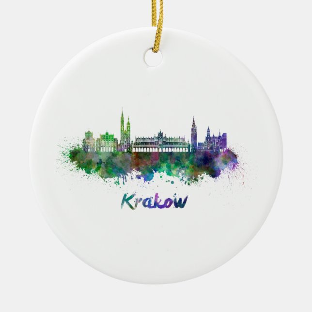 Krakow skyline in watercolor ceramic ornament (Front)