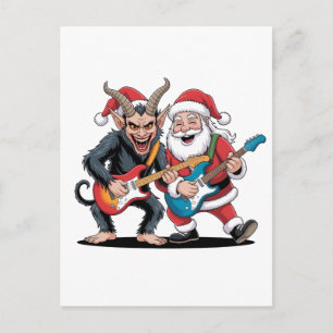 Krampus and Santa Playing Electric Guitar Xmas Announcement Postcard
