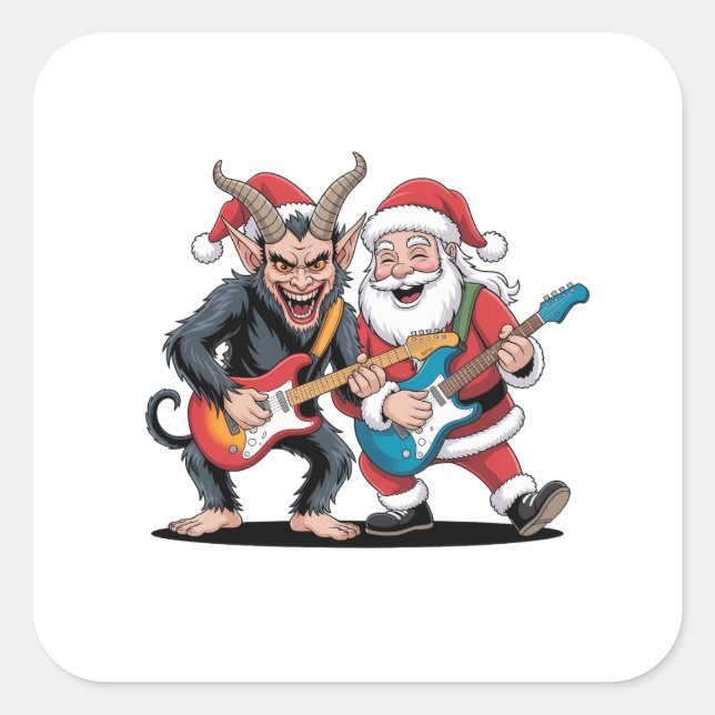 Krampus and Santa Playing Electric Guitar Xmas  Square Sticker (Front)