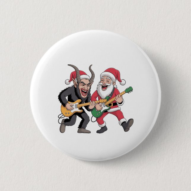 Krampus and Santa Playing Guitar Electric Xmas  Button (Front)