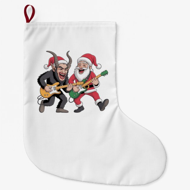 Krampus and Santa Playing Guitar Electric Xmas  Large Christmas Stocking (Front)