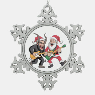 Krampus and Santa Playing Guitar Electric Xmas Snowflake Pewter Christmas Ornament