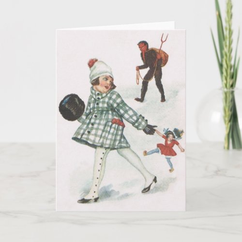 Krampus Chasing A Little Girl With Doll Holiday Card