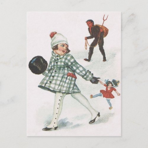 Krampus Chasing A Little Girl With Doll Postcard