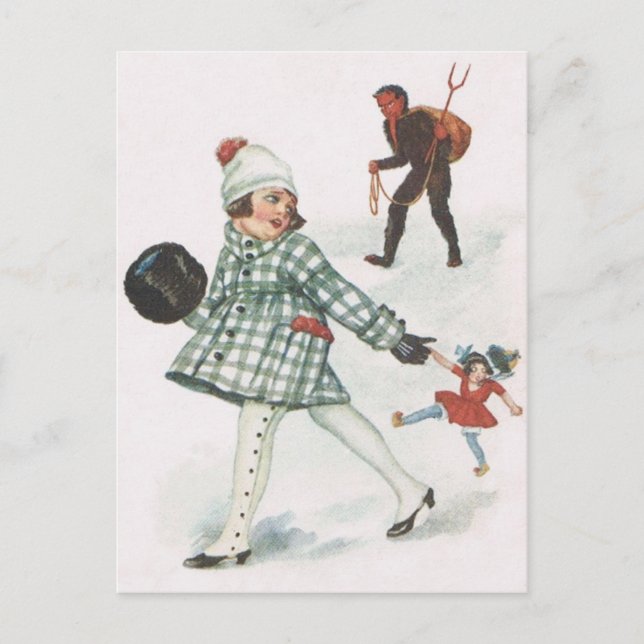 Krampus Chasing A Little Girl With Doll Postcard (Front)