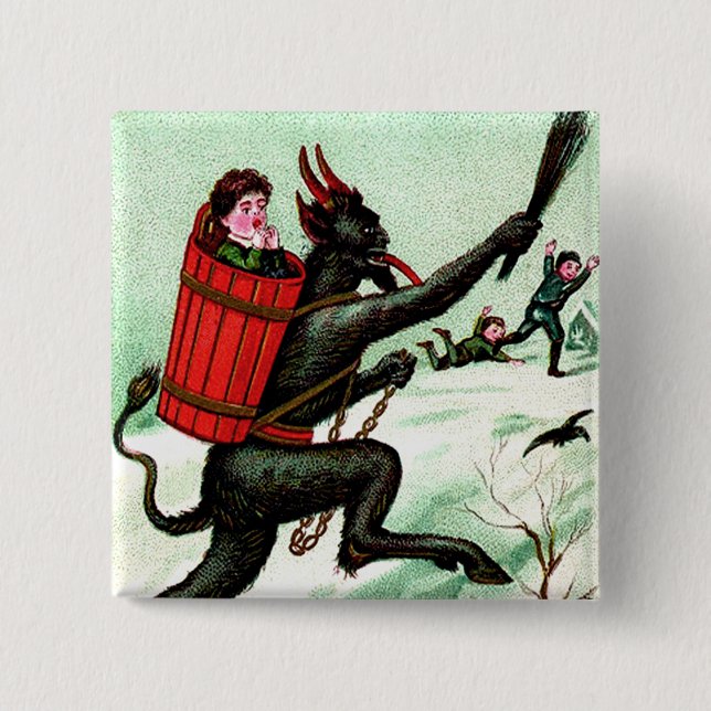 Krampus Chasing Bad Children Winter Snow Pinback Button (Front)