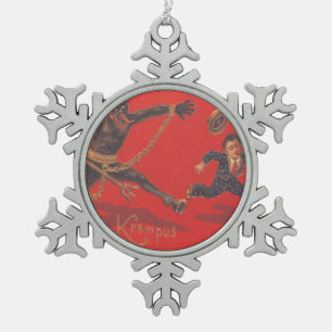 Krampus Chasing Boy Snowflake Pewter Christmas Ornament