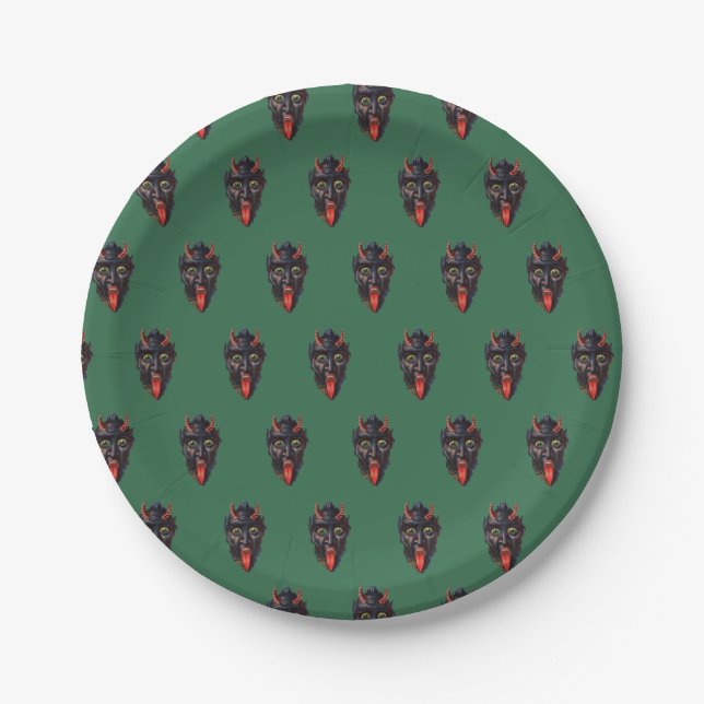 Krampus Christmas 7" Paper Plate in Green (Front)