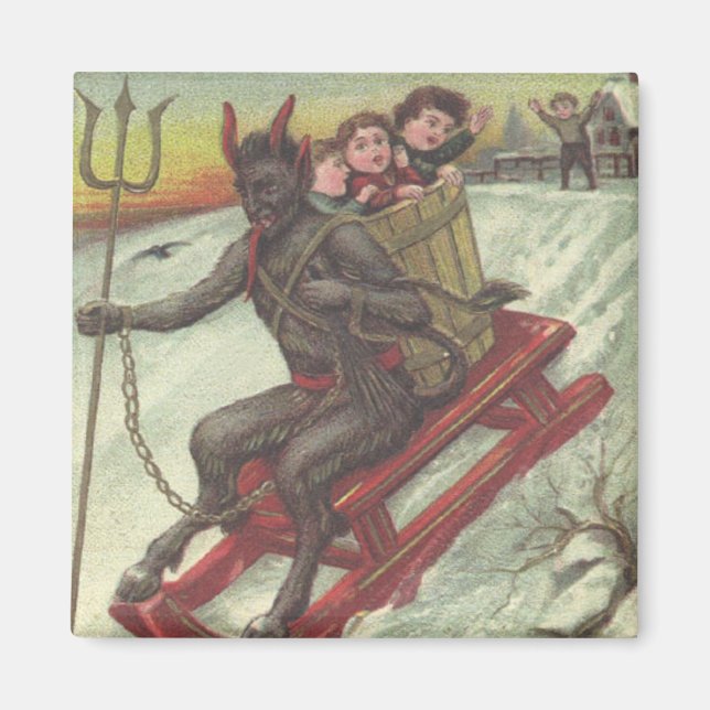 Krampus Kidnapping Kids On Sleigh Pitchfork Magnet (Front)