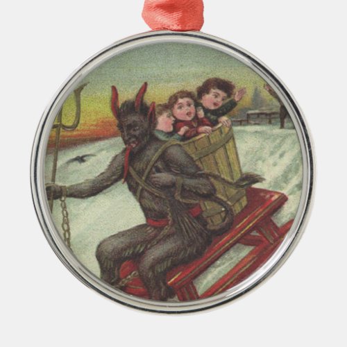 Krampus Kidnapping Kids On Sleigh Pitchfork Metal Ornament