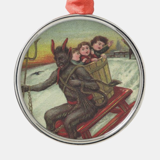 Krampus Kidnapping Kids On Sleigh Pitchfork Metal Ornament (Front)