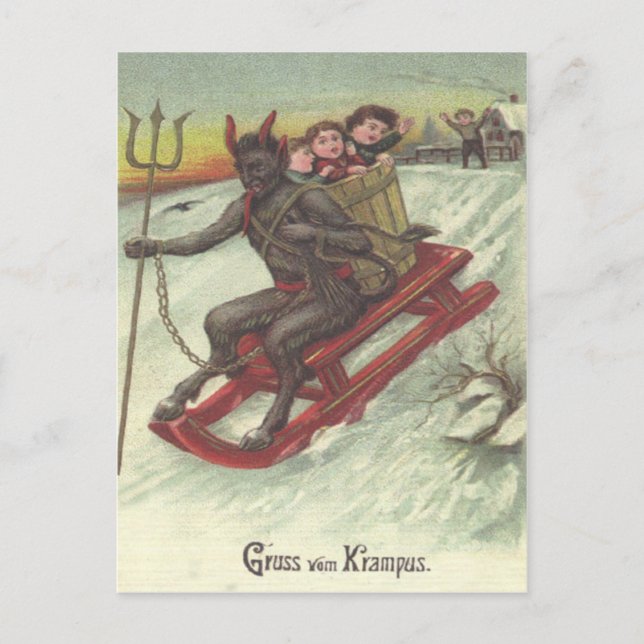 Krampus Kidnapping Kids On Sleigh Postcard (Front)