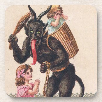 Krampus Kidnaps Girls Vintage Holiday Christmas Beverage Coaster by Then_Is_Now at Zazzle