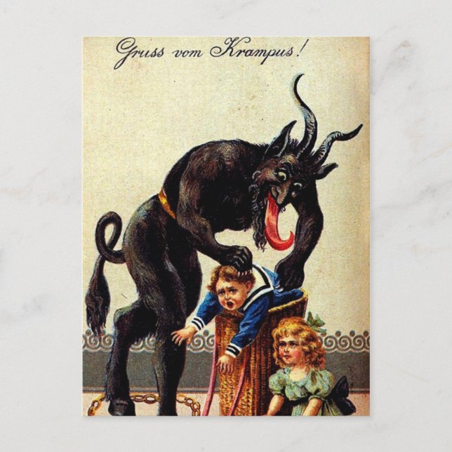 Krampus Kids in Basket Holiday Christmas Postcard (Front)