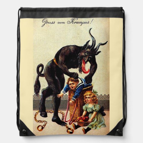 Krampus Kids in Basket Holiday Vintage Christmas Drawstring Bag