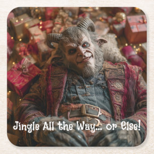 Krampus Lying Amongst Piles of Christmas Presents Square Paper Coaster