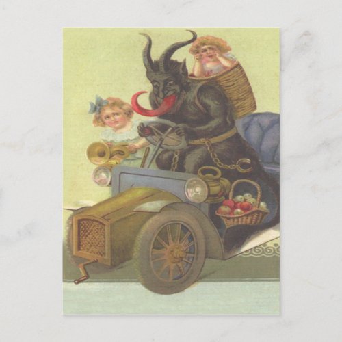 Krampus Obducting Little Girls In Car Postcard