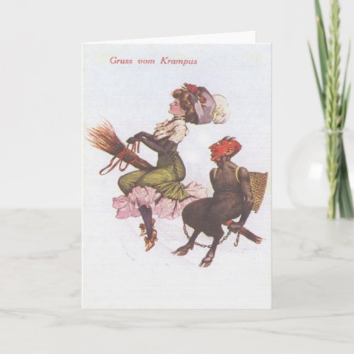 Krampus On Broom With Woman Holiday Card