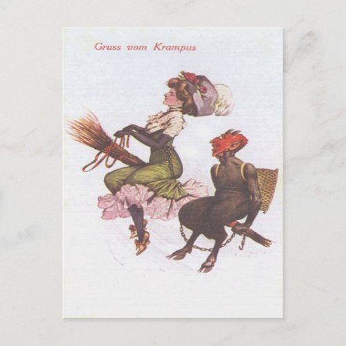 Krampus On Broom With Woman Postcard