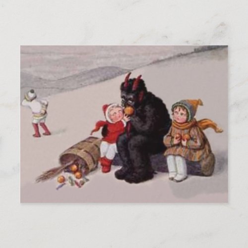 Krampus Playing With Children Snow Postcard