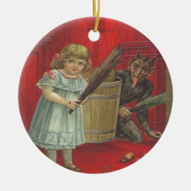 Krampus Playing With Girl Ceramic Ornament (Front)