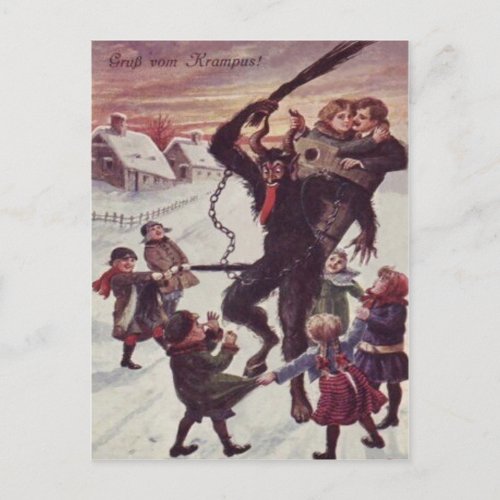 Krampus Punishing Children Snow Postcard
