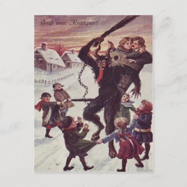 Krampus Punishing Children Snow Postcard (Front)