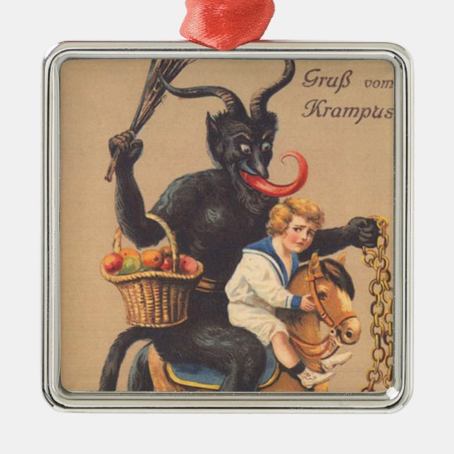 Krampus Riding Hobbyhorse With Boy Metal Ornament (Front)