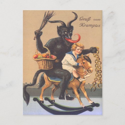 Krampus Riding Hobbyhorse With Boy Postcard