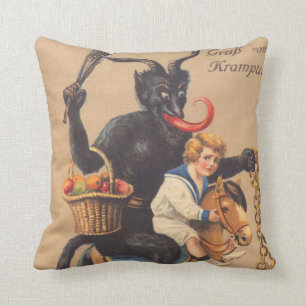 Krampus Riding Hobbyhorse With Boy Throw Pillow