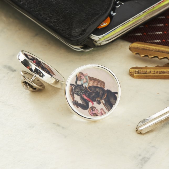 Krampus Scaring Girls Vintage Holiday Christmas Lapel Pin (In Situ)