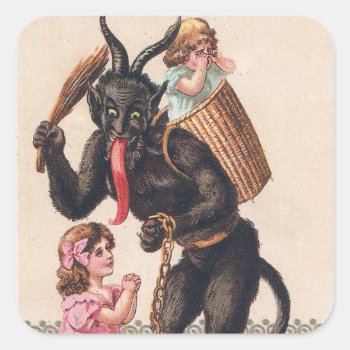 Krampus Scaring Girls Vintage Holiday Christmas Square Sticker by Then_Is_Now at Zazzle