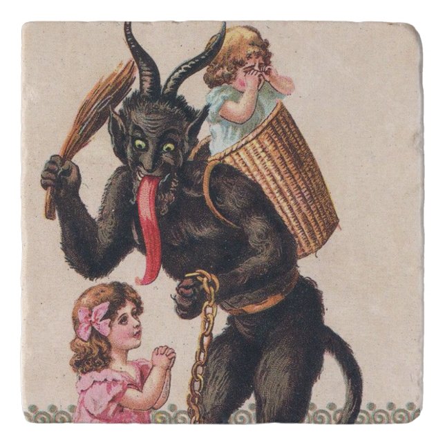 Krampus Scaring Girls Vintage Holiday Christmas Trivet (Front)