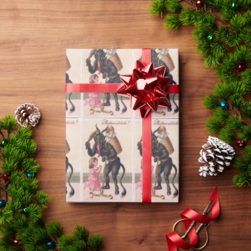 Krampus Scaring Girls Vintage Holiday Christmas Wrapping Paper
