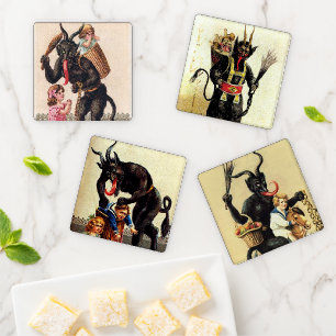 Krampus With Kids Vintage Art Holiday Christmas Coaster Set