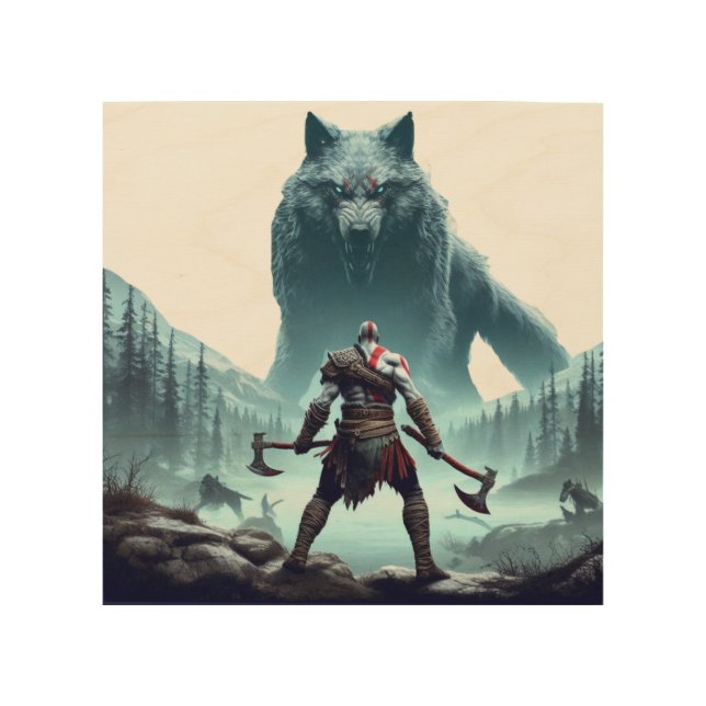 Kratos vs. Fenrir: The Wolf of Ragnarök Wood Wall Art (Front)
