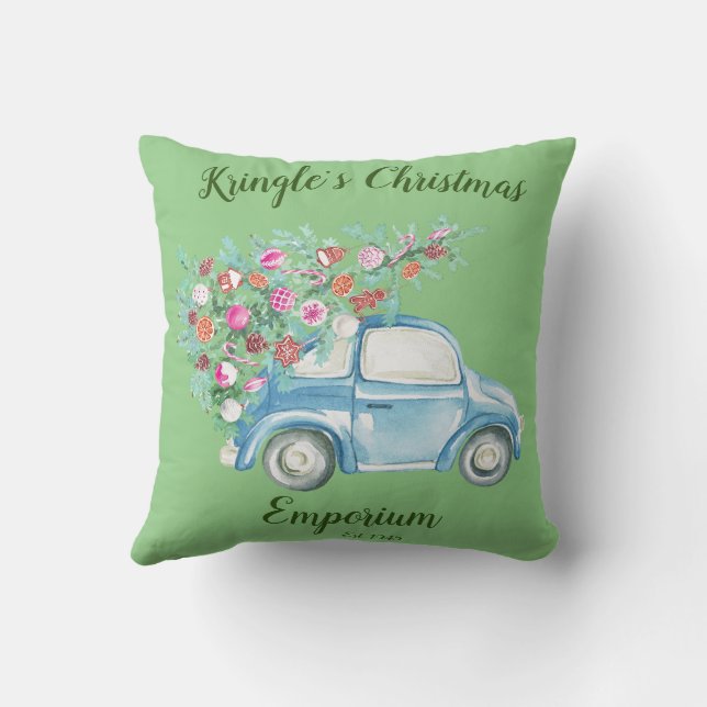 Kringle's Christmas Emporium Throw Pillow (Back)