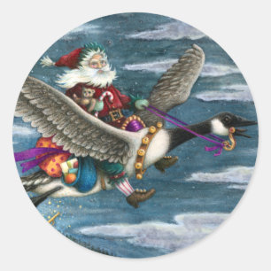 KRIS KRINGLE AND TOYS ON CANADIAN GOOSE CHRISTMAS CLASSIC ROUND STICKER