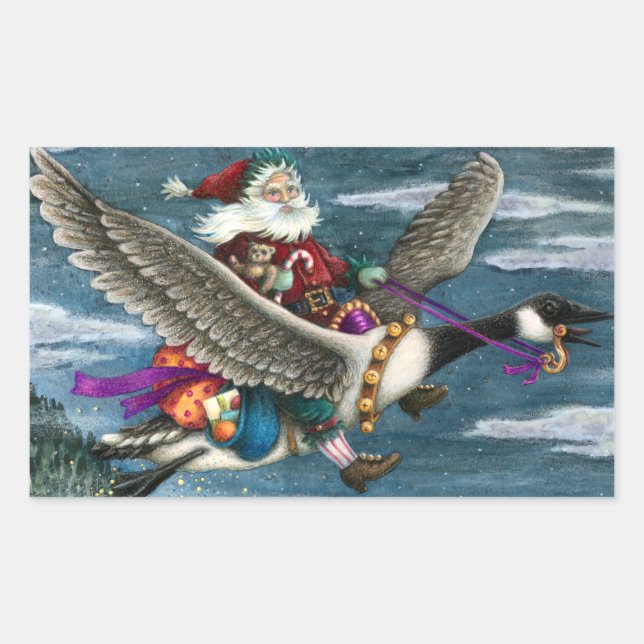 KRIS KRINGLE AND TOYS ON CANADIAN GOOSE CHRISTMAS RECTANGULAR STICKER (Front)