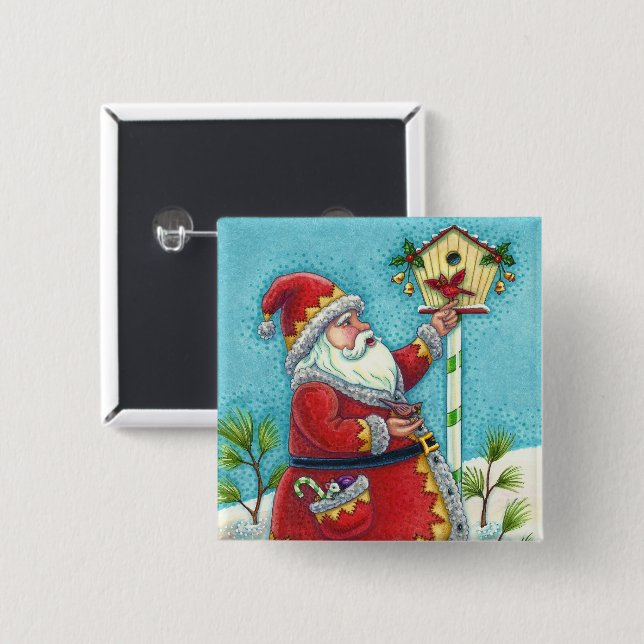 KRIS KRINGLE FEEDING REDBIRDS, CHRISTMAS BIRDHOUSE BUTTON (Front & Back)
