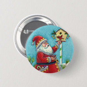 KRIS KRINGLE FEEDING REDBIRDS, CHRISTMAS BIRDHOUSE BUTTON