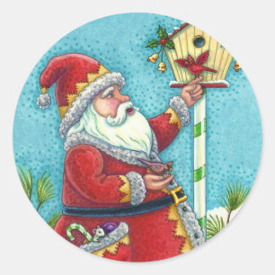 KRIS KRINGLE FEEDING REDBIRDS, CHRISTMAS BIRDHOUSE CLASSIC ROUND STICKER